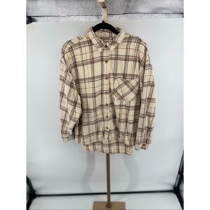 Dizzy Lizzy Plaid Flannel Button Down Shirt Large Cream